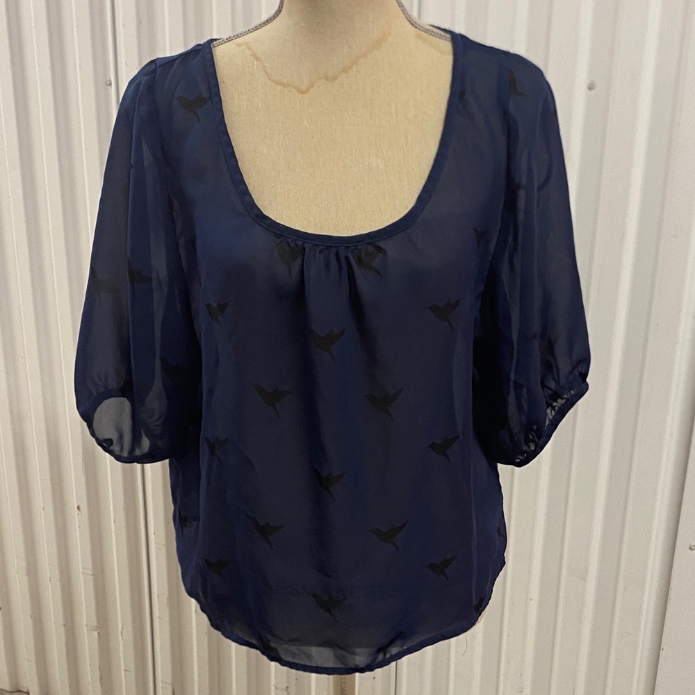 Hollister Navy Sheer Scoop-Neck Blouse with Bird Print